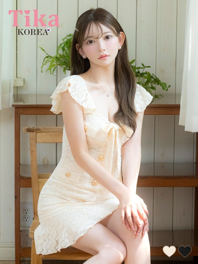 メイン画像 キャバドレス 韓国 ミニドレス シンプル 総レース ガーリー ノースリーブ ストレッチ ブラジャーのまま ネックリボン ゴールドボタン 裾フリル タイト キャバドレス (黒崎みさ着用) [tk-mdk6116a]