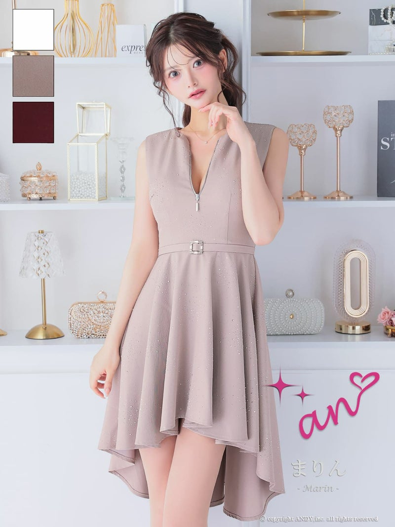 [an/アン] 高級 Aライン ロングテール 谷間 シンプル ノースリーブ ウエストベルト ジップ ビジュー