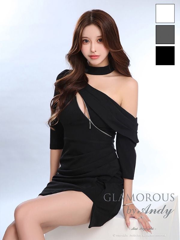 [AndyGLAMOROUS/アンディグラマラス] 高級 タイト ミニドレス 袖あり 谷間 ワンショルダー ジップ