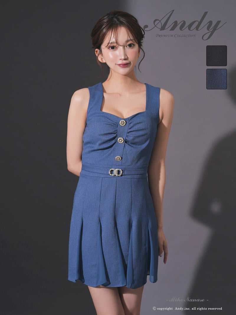 [Andy/アンディ] 高級 Aライン ミニドレス ノースリーブ ウエストベルト プリーツ