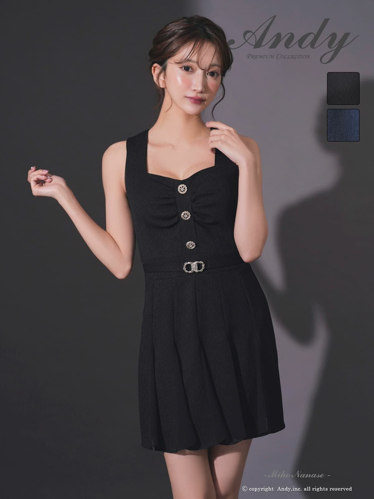 [Andy/アンディ] 高級 Aライン ミニドレス ノースリーブ ウエストベルト プリーツ