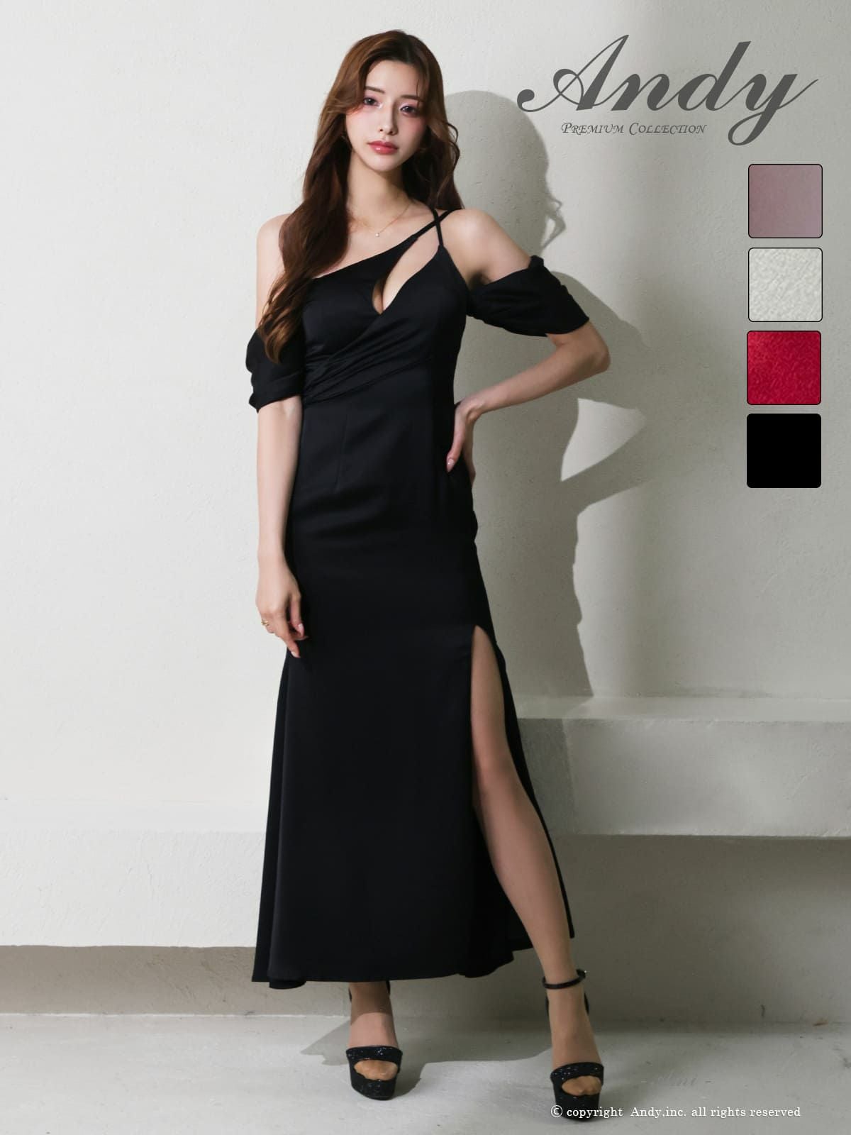 [Andy/アンディ] 高級 Aライン ロングドレス シンプル 谷間 大人 上品 オフショルダー ワンショルダー スリット