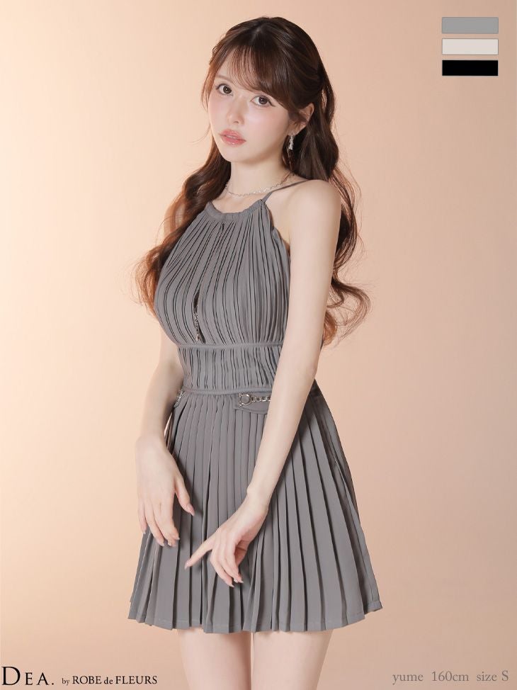 [DEA.byROBEdeFLEURS/ディアバイローブドフルール] 高級 ブランド ワンピース Aラインミニドレス 谷間 ホルターネック 背中魅せ ジップ プリーツ ワンカラー