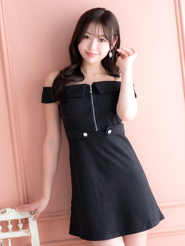 キャバドレス ワンピース ミニドレス　フロントジップワンピース　Aライン ワンピース Aライン ミニドレス ジップ 大人 ドット柄 肩出し ウエスト