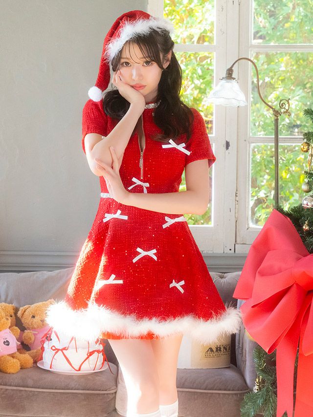 サンタコスプレ 2点set ツイード スパンコール リボン キラキラ