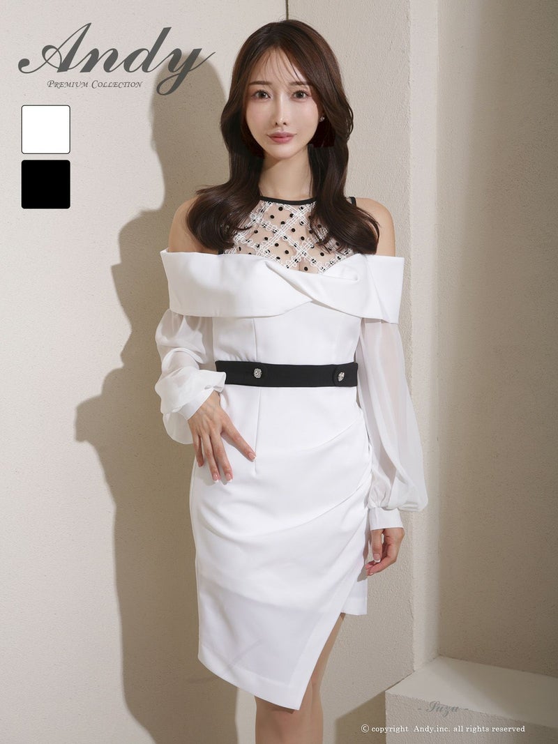 キャバドレス Andy アンディ　高級 タイト ミニドレス 長袖 ノースリーブ ドット柄 肩出し シアースリーブ キャバドレス