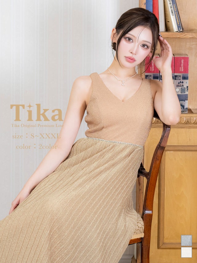 ロングドレス シャイニー ノースリーブ ストレッチ ブラジャーのまま ラメ プリーツ 4L 大きいサイズ ゴールド Aライン キャバドレス (せいせい着用) [tk-ld25917-ha]