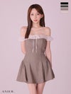 [ANIER./アニエル] 高級 ブランド ワンピース Aラインミニドレス オフショルダー 胸元リボン シフォン切替 ラメ