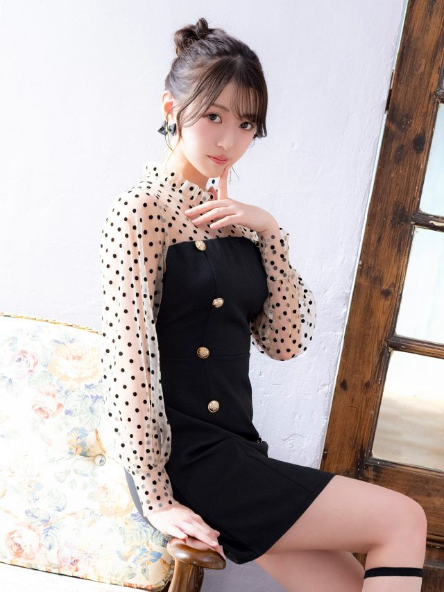 ワンピース Aライン ミニドレス 長袖 上品 ハイネック ドット柄