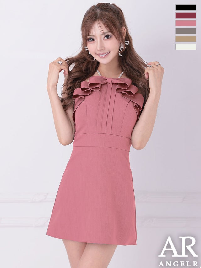 キャバドレス ミニドレス Angel-R エンジェルアール 高級 ブランド Aラインミニドレス キャミソール フリルリボン パールショルダー 胸元カバー ワンカラー