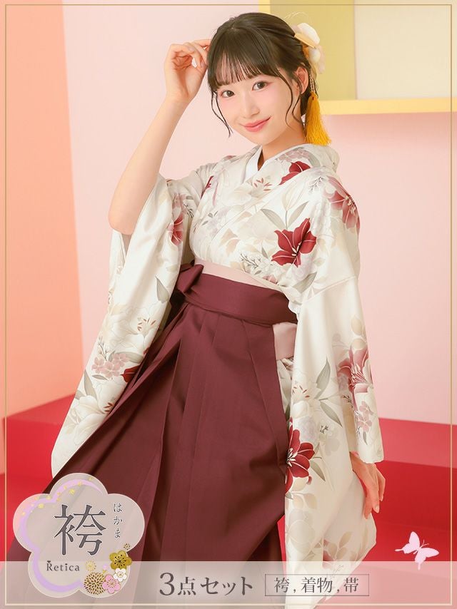 白地に紅白百合と桜柄赤袴3点セット(袴+着物+帯)(Sサイズ～Mサイズ)