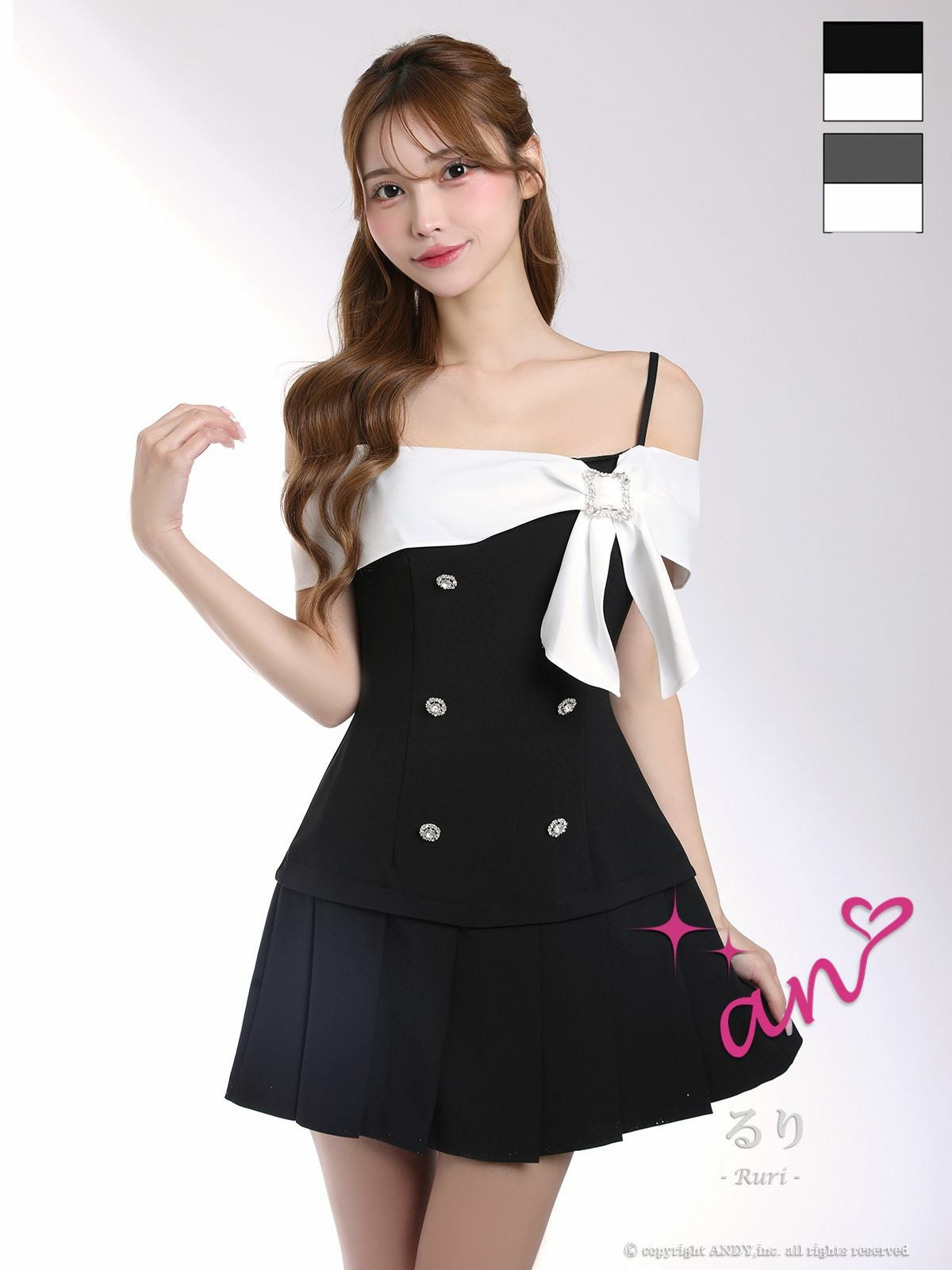 キャバドレス an アン　高級 ブランド ミニドレス Aライン リボン 同伴 肩あき ビジューボタン プリーツスカート キャバドレス