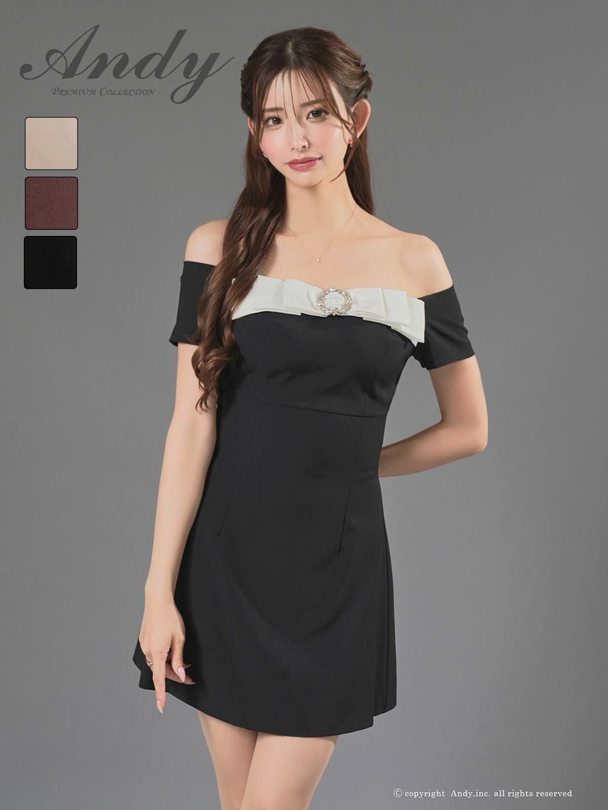 高級 タイト ミニドレス オフショルダー ビジュー リボン 大人 半袖