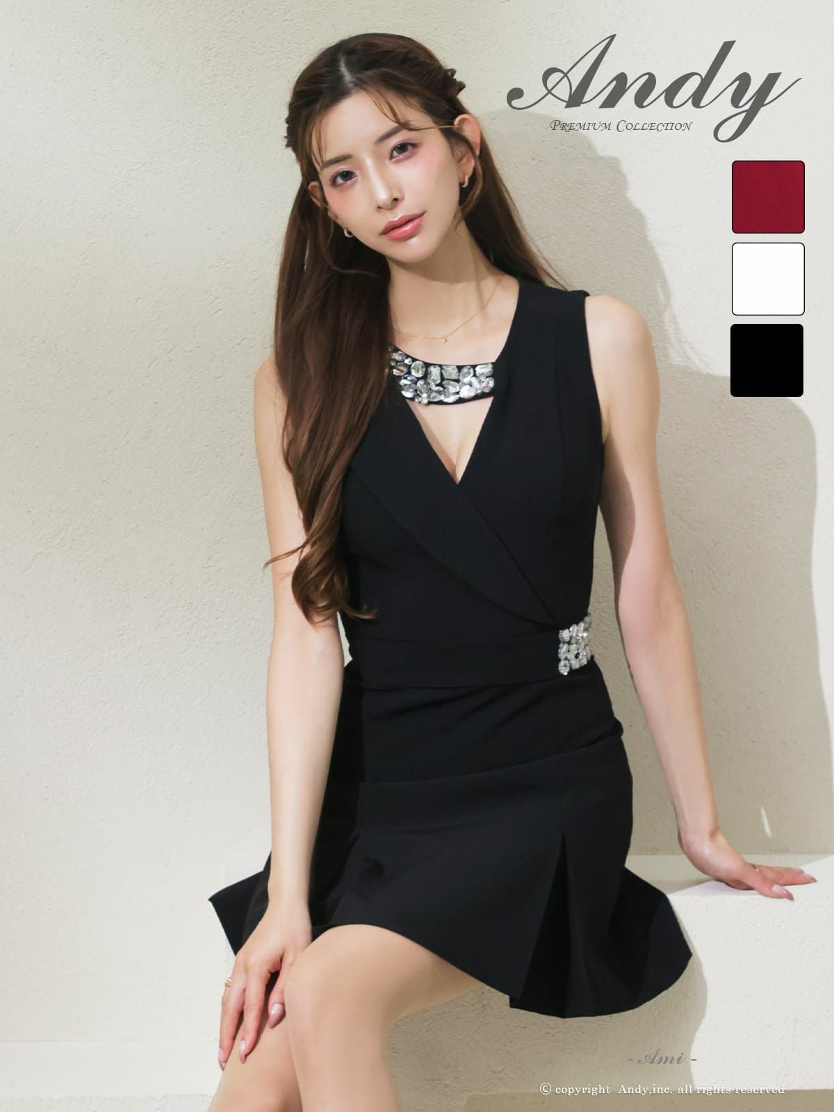 高級 Aライン ミニドレス ノースリーブ ビジュー プリーツ ワンカラー