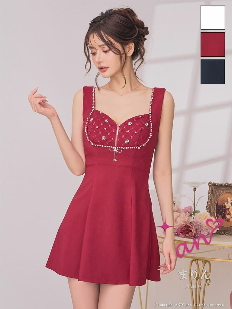 キャバドレス an アン 高級 ノースリーブ フレアミニドレス　ジップ　ビジュー リボン バックオープン