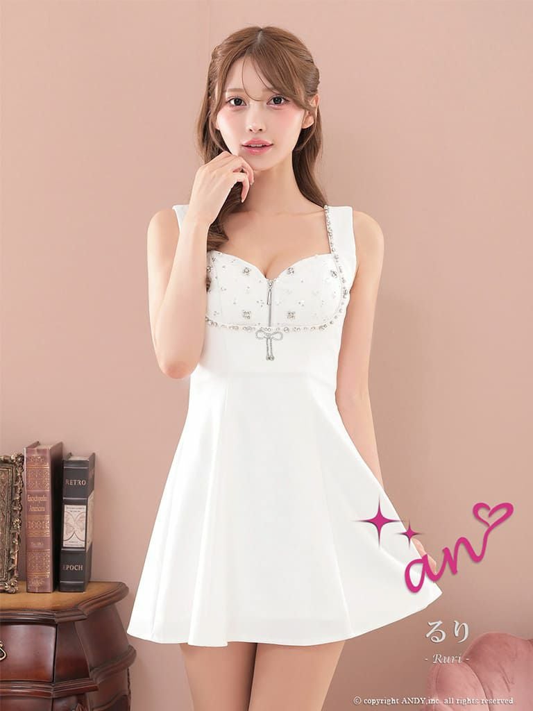 キャバドレス an アン 高級 ノースリーブ フレアミニドレス　ジップ　ビジュー リボン バックオープン