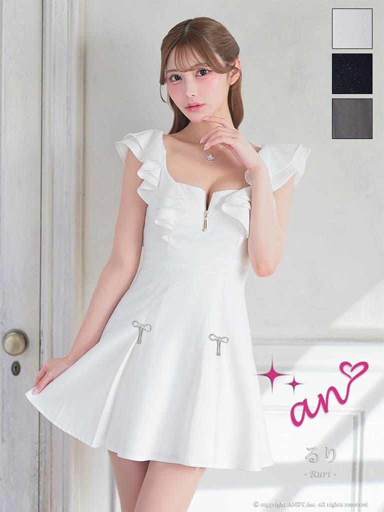 キャバドレス an アン 高級 長袖 ノースリーブ フレアミニドレス　ジップ　ビジュー リボン フリル バックオープン