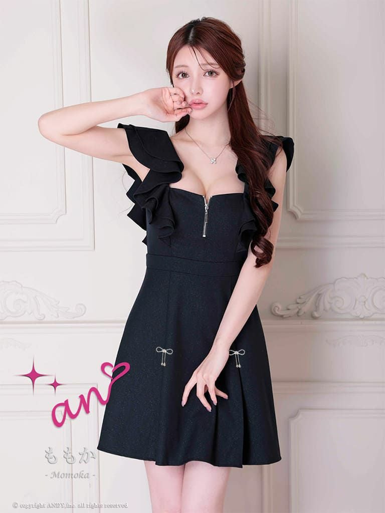 キャバドレス an アン 高級 長袖 ノースリーブ フレアミニドレス　ジップ　ビジュー リボン フリル バックオープン