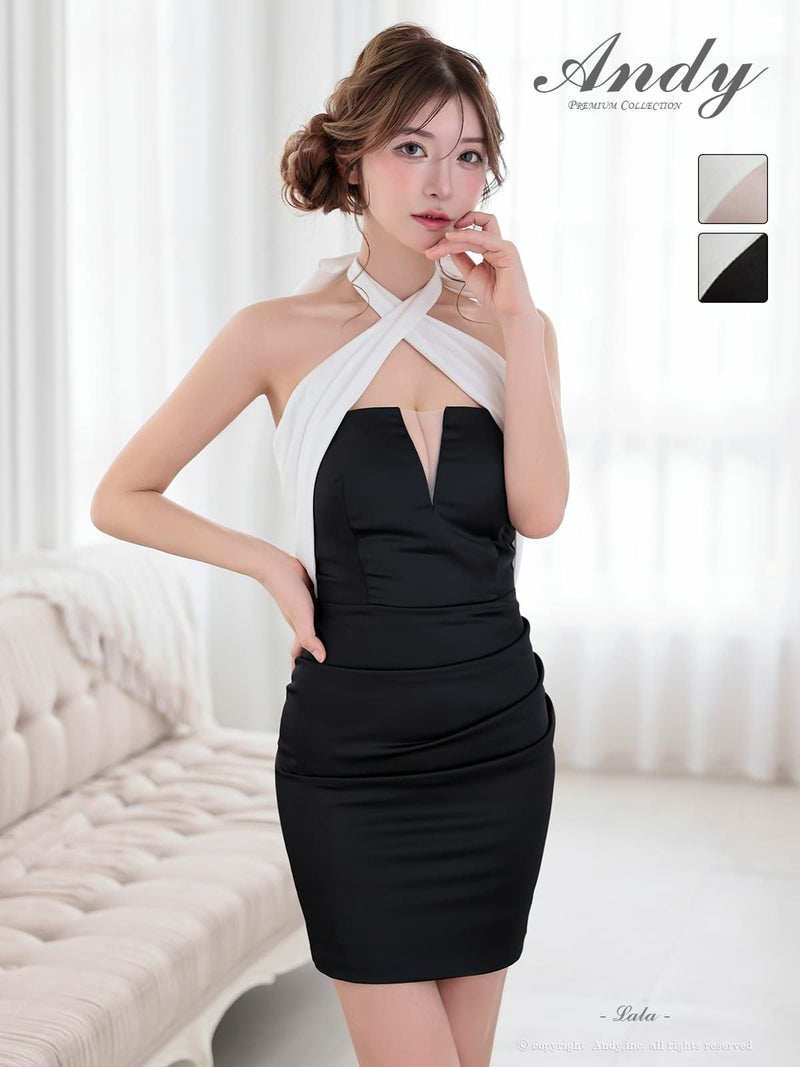 キャバドレス Andy アンディ 高級 ホルターネック タイトミニドレス 谷間見せ リボン バストシースルー