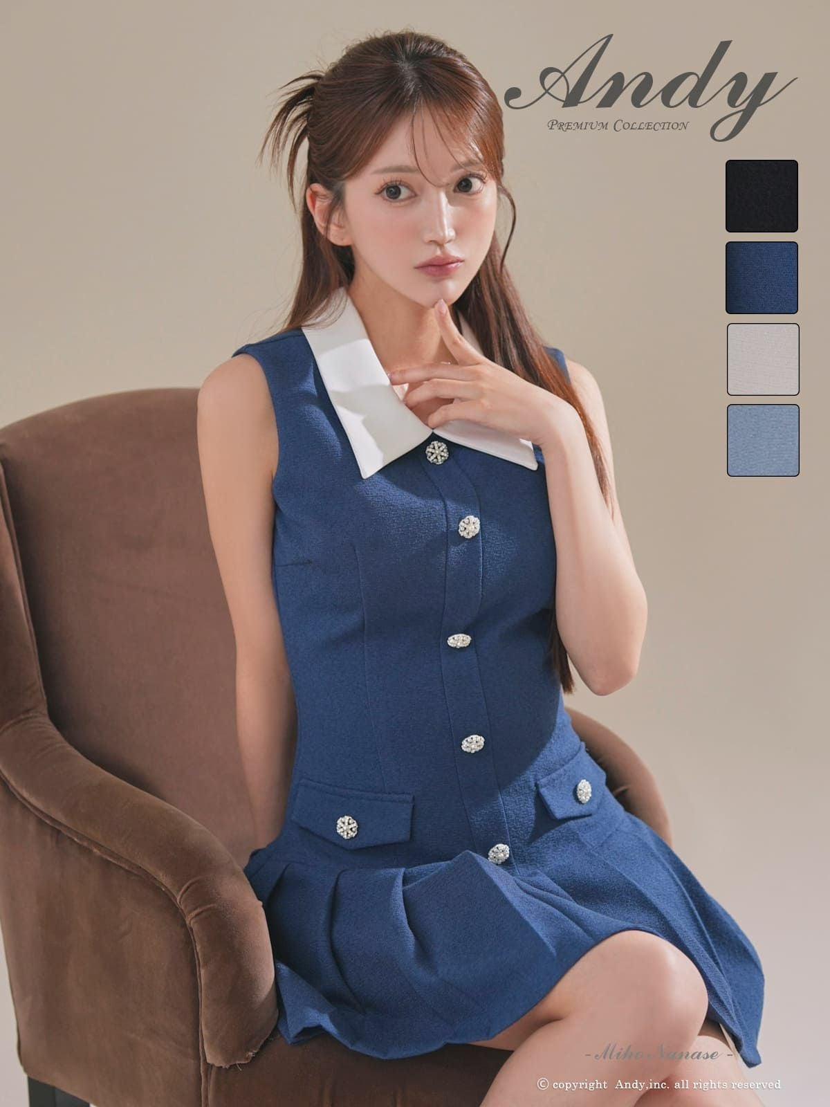 高級 Aライン ミニドレス ノースリーブ ウエストベルト プリーツ