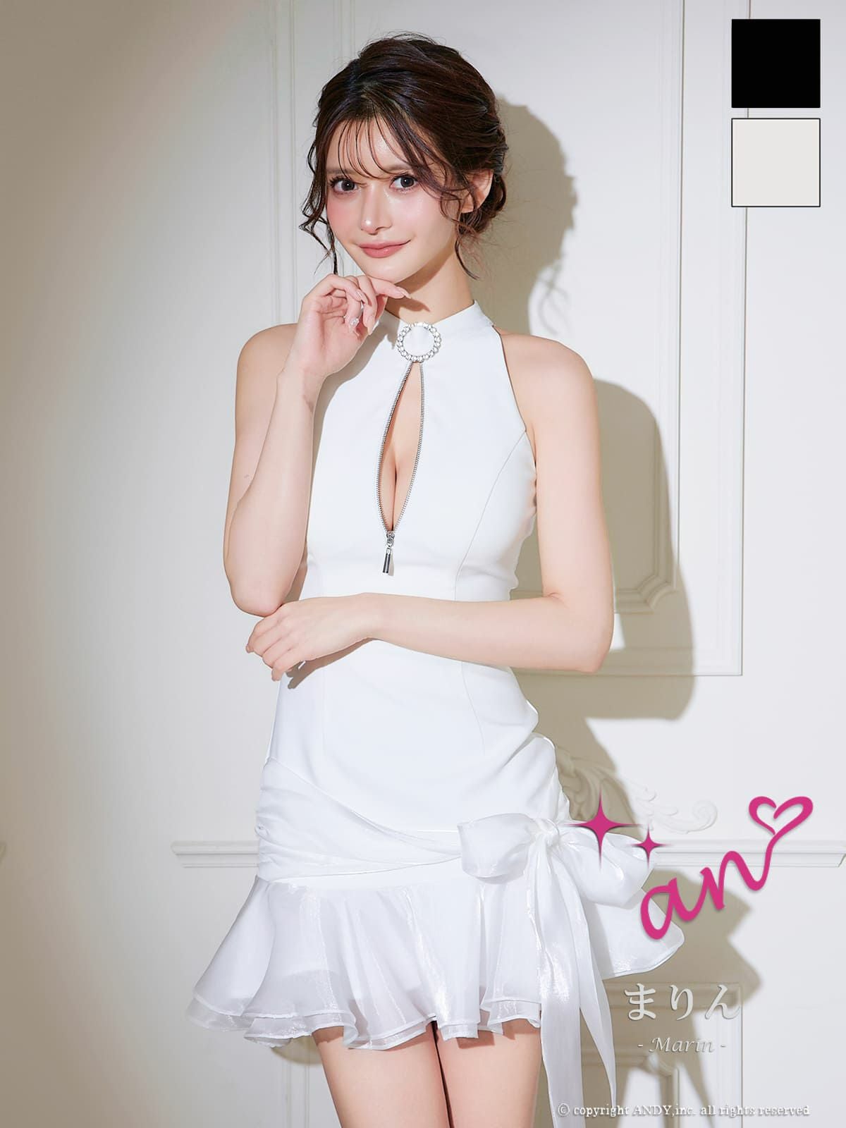 キャバドレス an アン ノースリーブ タイトミニドレス　ジップ　谷間見せ フリル リボン ハイネック