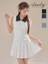 高級 Aライン ミニドレス ノースリーブ ウエストベルト プリーツ