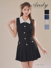 高級 Aライン ミニドレス ノースリーブ プリーツ 襟付き　ボタン