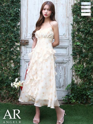 [Angel-R/エンジェルアール] 高級 ブランド Aラインロングドレス キャミソール 胸元リボン フラワープリント フリル シフォン