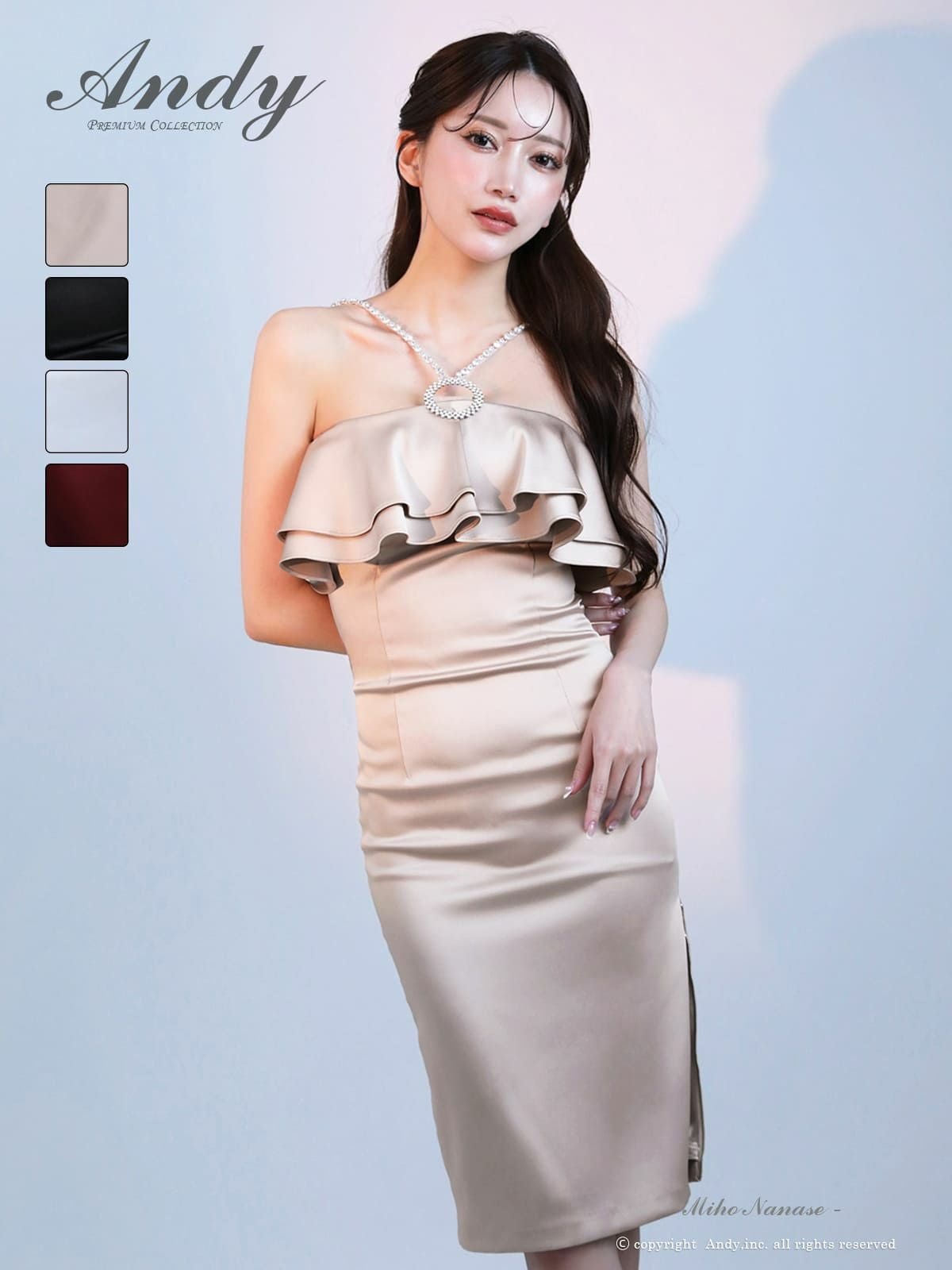 キャバドレス Andy アンディ ノースリーブ　膝丈ドレス フリル ファスナースリット ビジュー