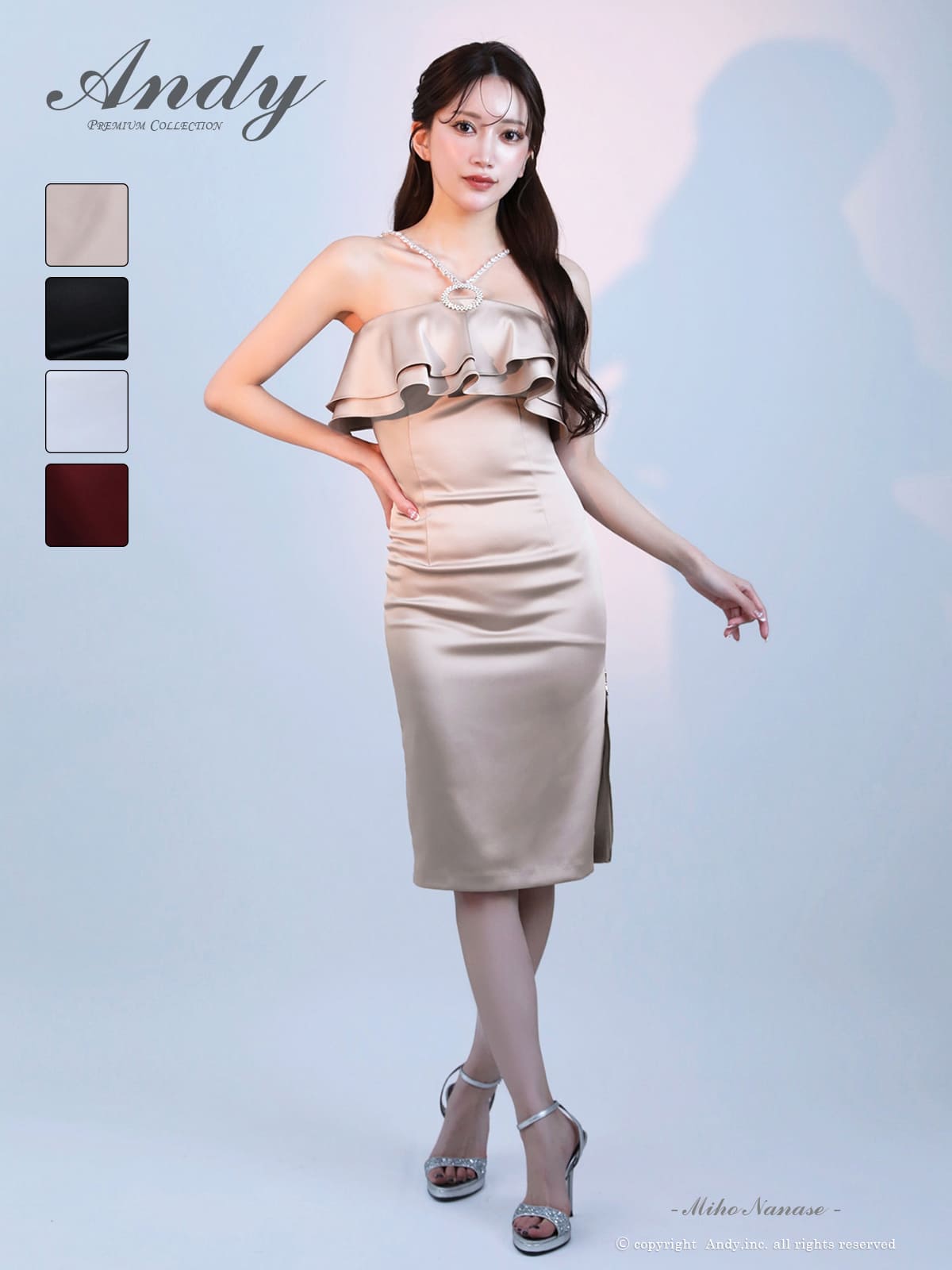 キャバドレス Andy アンディ ノースリーブ　膝丈ドレス フリル ファスナースリット ビジュー