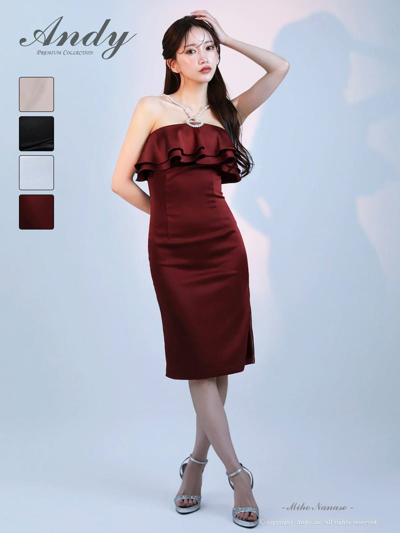 キャバドレス Andy アンディ ノースリーブ　膝丈ドレス フリル ファスナースリット ビジュー