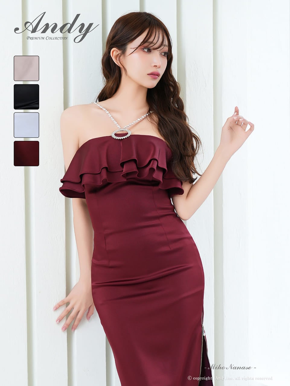 キャバドレス Andy アンディ ノースリーブ　膝丈ドレス フリル ファスナースリット ビジュー