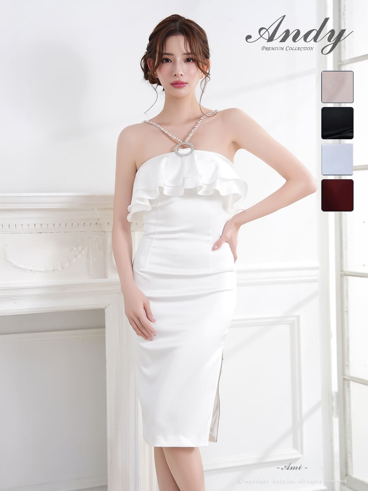 キャバドレス Andy アンディ ノースリーブ　膝丈ドレス フリル ファスナースリット ビジュー