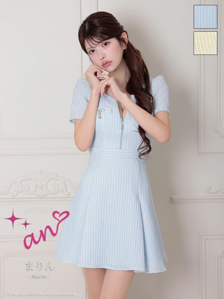 キャバドレス an  アン 半袖 フレアミニドレス　ジップ　リボン ストライプ柄