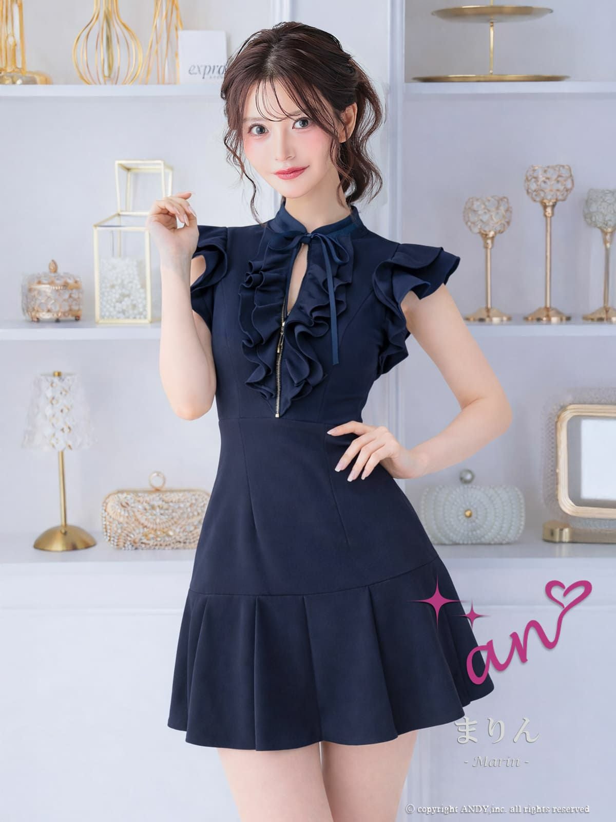 キャバドレス an  アン ノースリーブ フレアミニドレス　ジップ　リボン フリル プリーツ