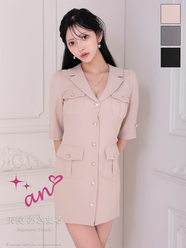 キャバドレス an  アン 袖あり タイトミニドレス　襟デザイン バストカット ワンカラー