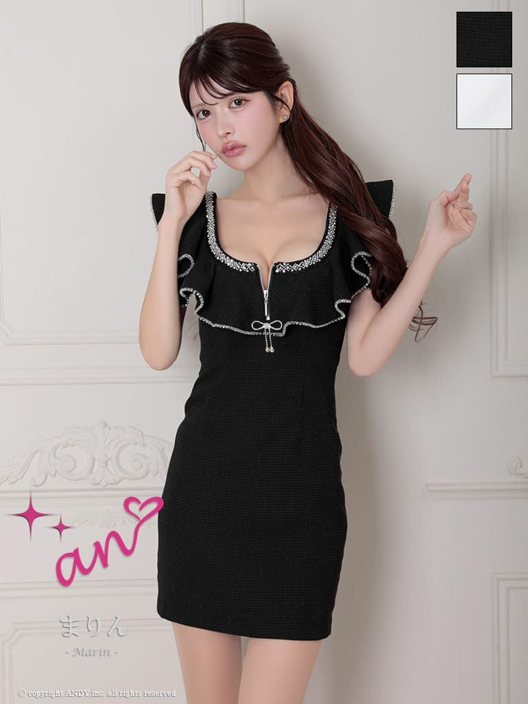 キャバドレス an アン ノースリーブ タイトミニドレス　ジップ　リボン ビジュー フリル