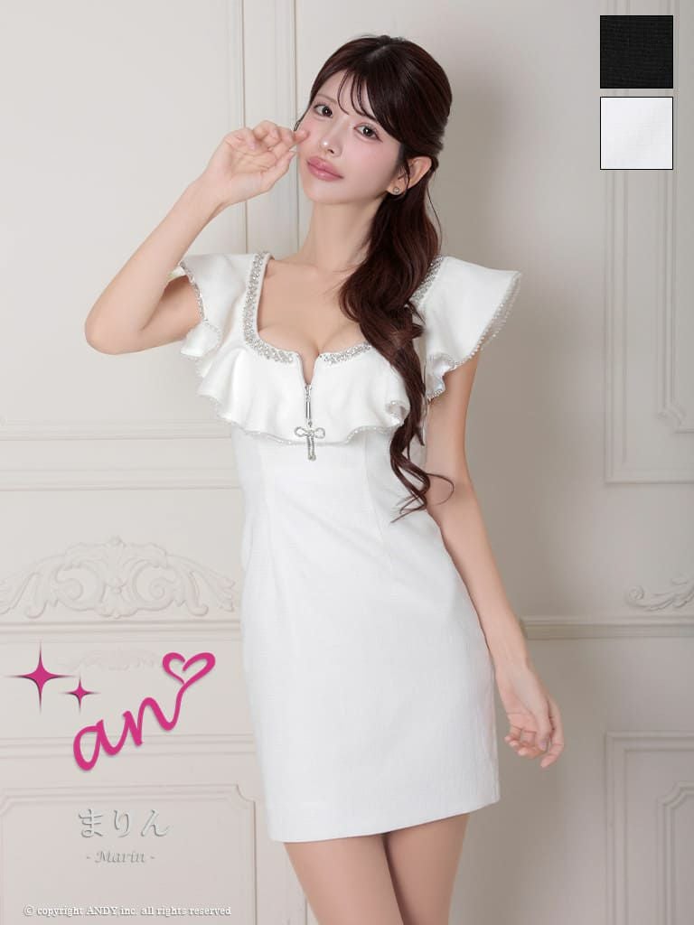 キャバドレス an アン ノースリーブ タイトミニドレス　ジップ　リボン ビジュー フリル