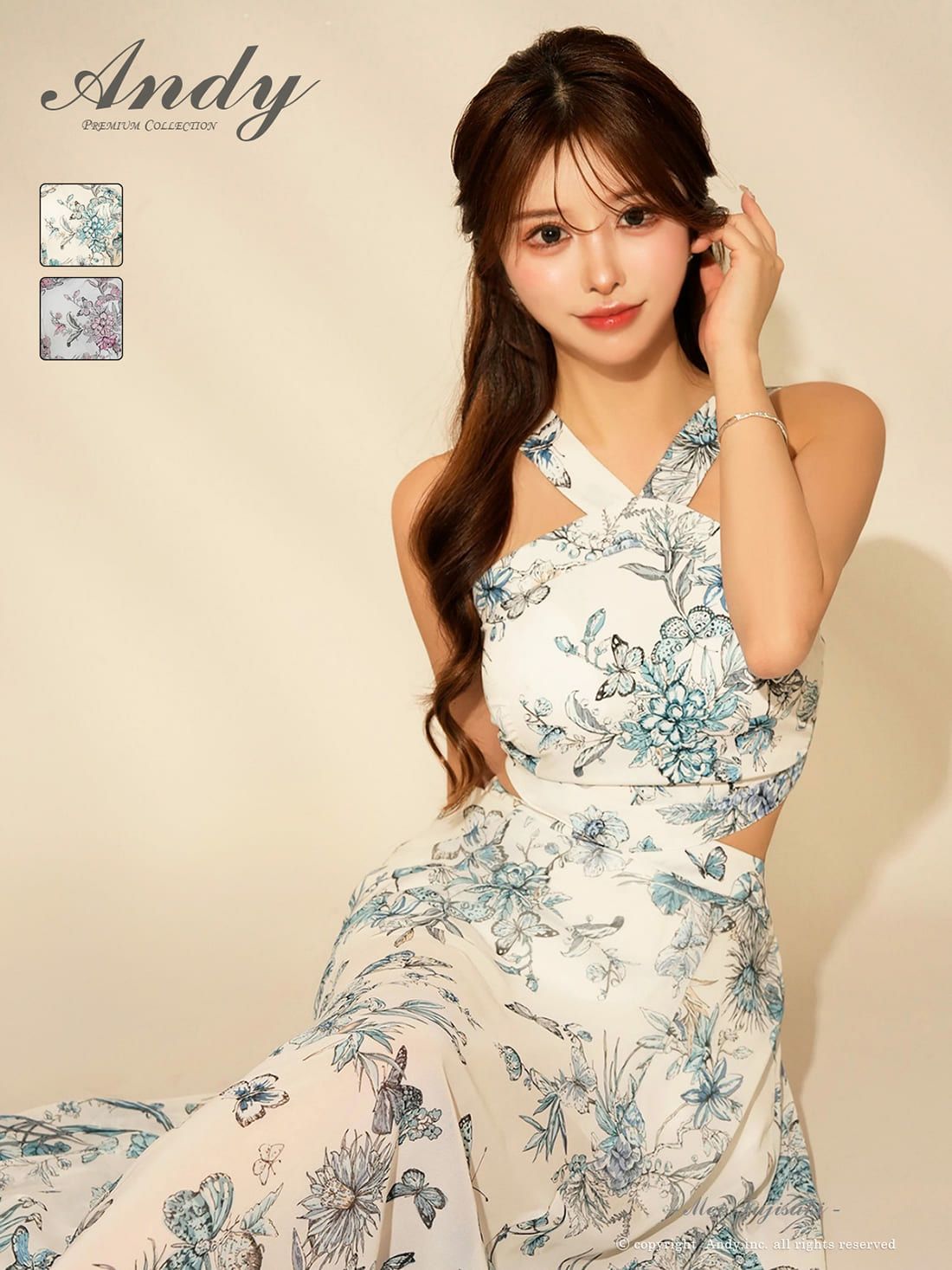 キャバドレス Andyアンディ 高級 ノースリーブ Aラインロングドレス　フラワー柄　クロスネック ウエストカット シアー