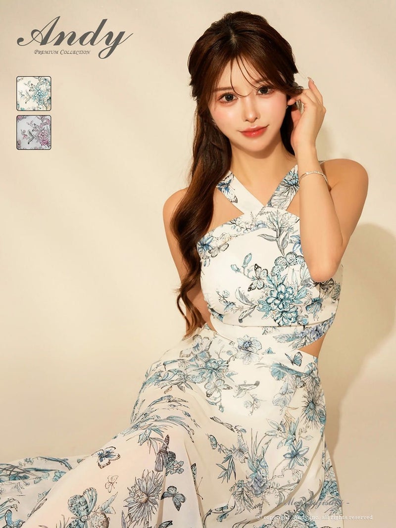 キャバドレス Andyアンディ 高級 ノースリーブ Aラインロングドレス　フラワー柄　クロスネック ウエストカット シアー