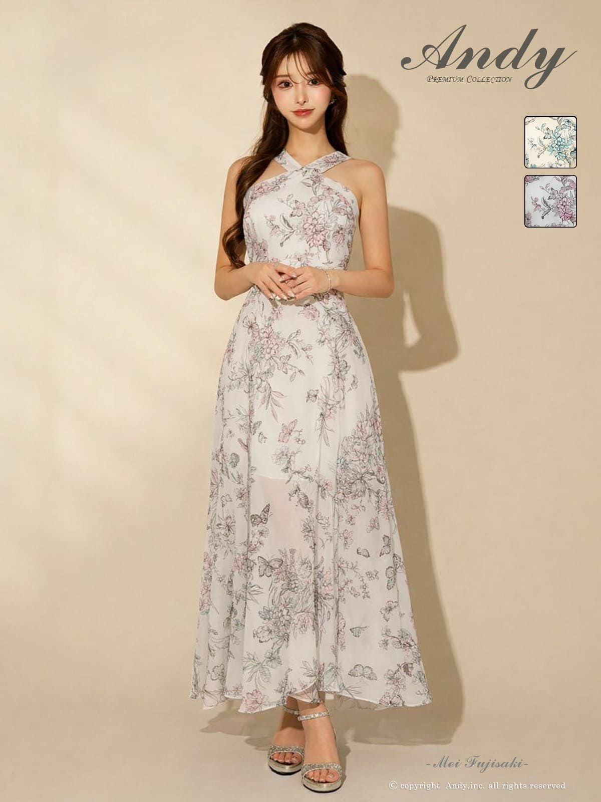 キャバドレス Andyアンディ 高級 ノースリーブ Aラインロングドレス　フラワー柄　クロスネック ウエストカット シアー