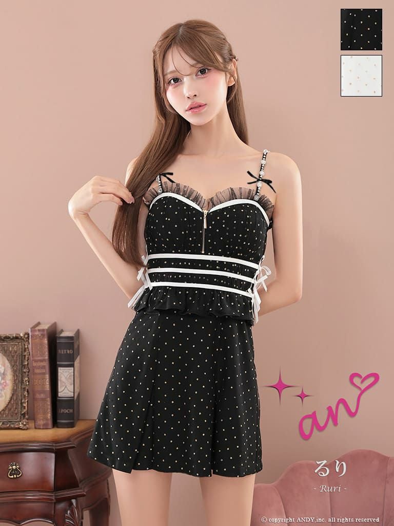 キャバドレス an アン 高級 キャミソール フレアミニドレス　ジップ　リボン フリル ビジュー ペプラム ドット柄