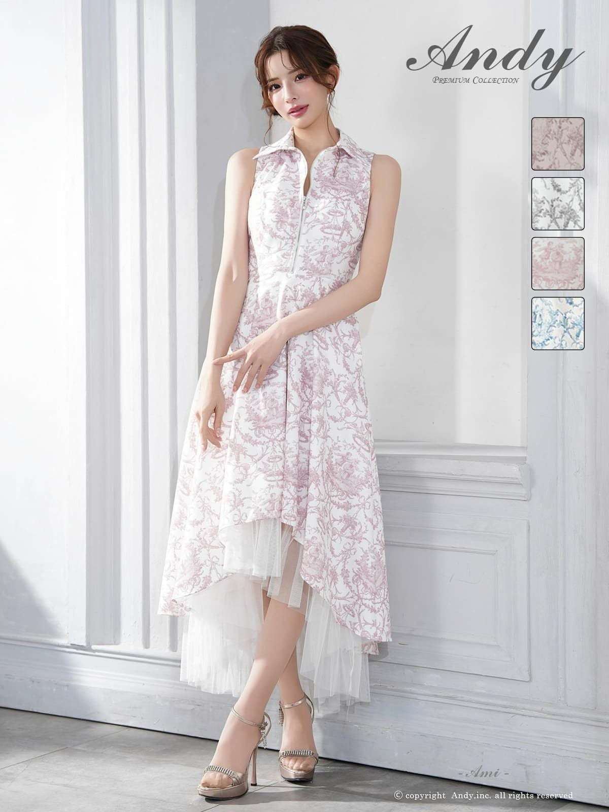 キャバドレス Andy アンディ 高級 ノースリーブ Aラインロングドレス　トワルドジュイ柄　 襟デザイン