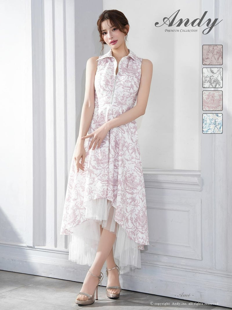 キャバドレス Andy アンディ 高級 ノースリーブ Aラインロングドレス　トワルドジュイ柄　 襟デザイン