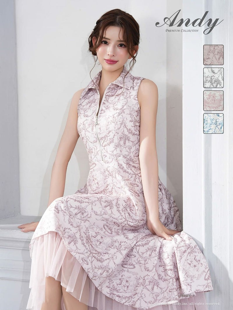キャバドレス Andy アンディ 高級 ノースリーブ Aラインロングドレス　トワルドジュイ柄　 襟デザイン