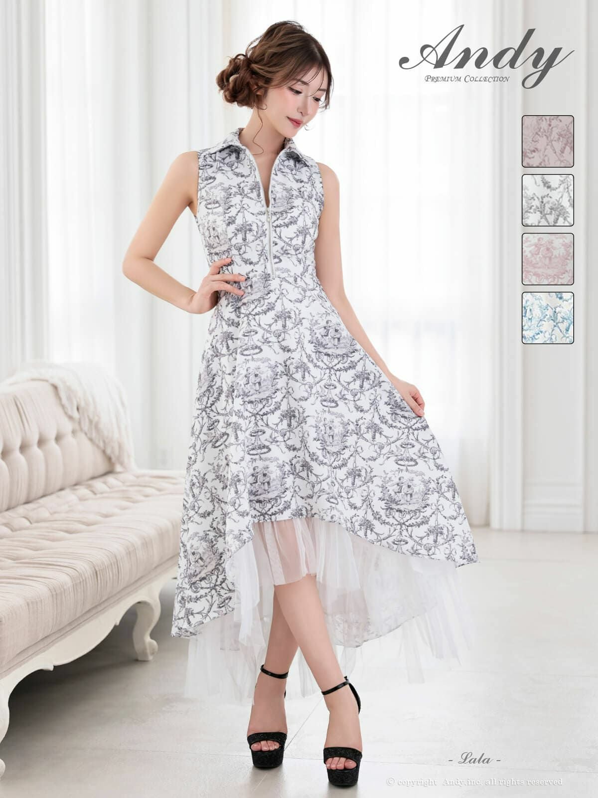 キャバドレス Andy アンディ 高級 ノースリーブ Aラインロングドレス　トワルドジュイ柄　 襟デザイン