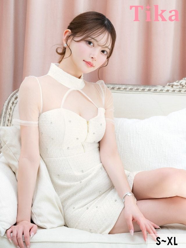 キャバドレス ミニ丈 大きいサイズ タイト ミニドレス キャバクラ ワンピース ジップ ホワイト