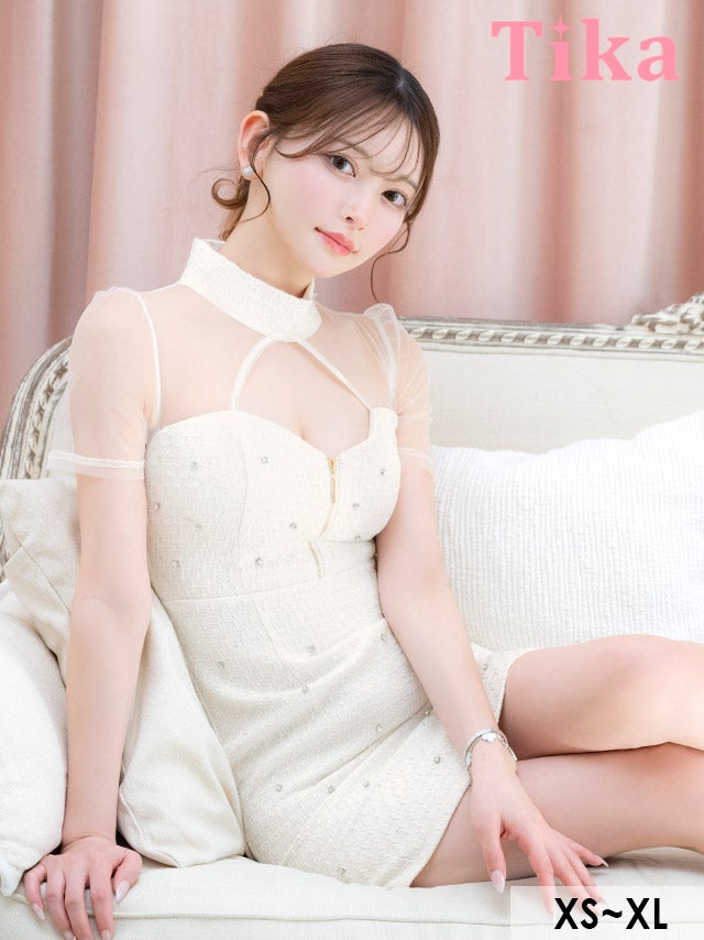 キャバドレス ミニ丈 大きいサイズ タイト ミニドレス キャバクラ ワンピース ジップ ホワイト