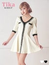 メイン画像 キャバドレス 韓国 ミニドレス ワンピース 異素材 モノトーン 袖あり 七分袖 ツイード Aライン キャバドレス (ゆんころ着用) [tk-mdkwt-2077b]