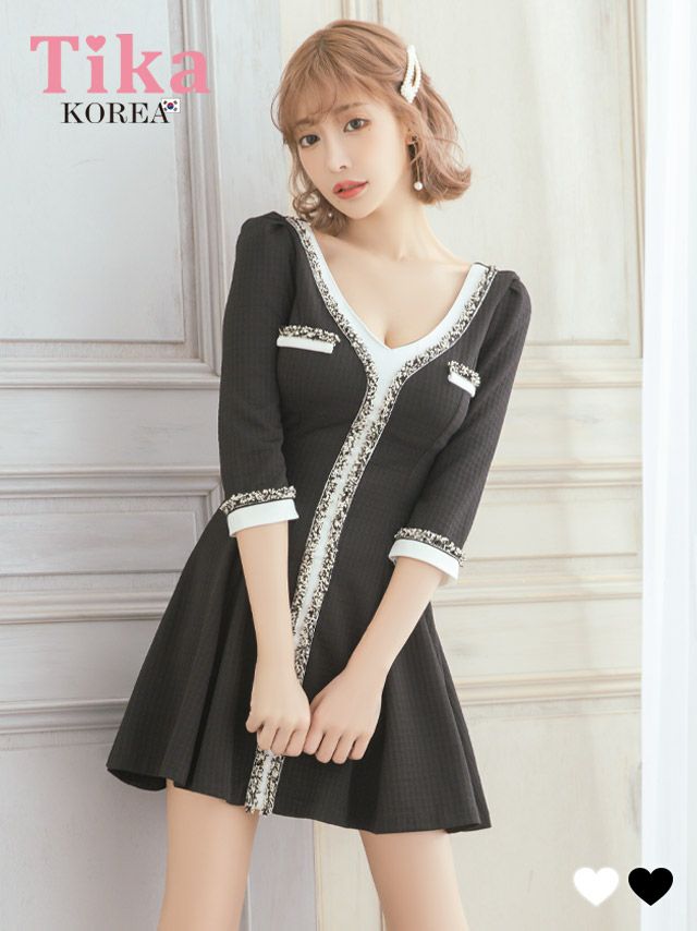 メイン画像 キャバドレス 韓国 ミニドレス ワンピース 異素材 モノトーン 袖あり 七分袖 ツイード Aライン キャバドレス (明日花キララ着用) [tk-mdkwt-2077c]